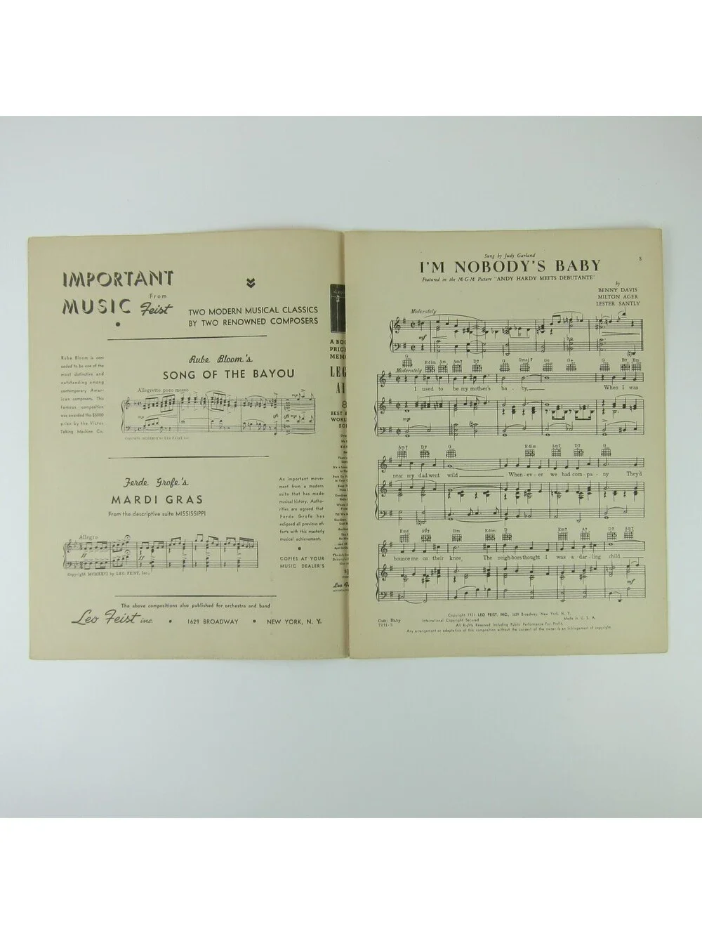 Sheet Music I'm Nobody's Baby Andy Hardy Judy Garland Mickey Rooney Antique 1921